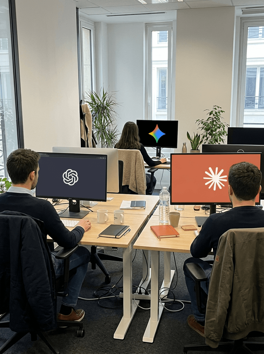 Trois collègues dans un même bureau, chacun devant son écran : ChatGPT, Gemini et Claude.