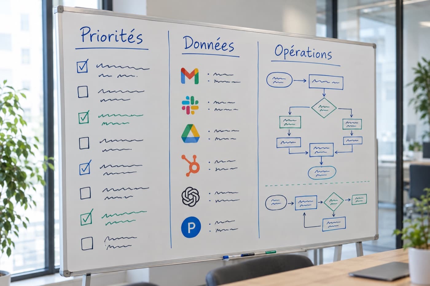 Un tableau blanc en trois colonnes : Priorités, Données, Opérations.