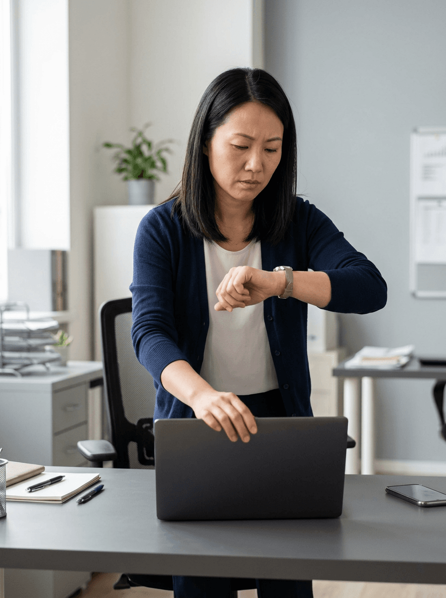 Une femme asiatique se lève de son bureau en regardant sa montre, une main posée sur son ordinateur fermé.